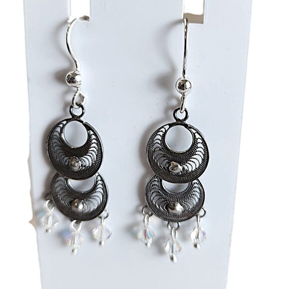 Sterling Silver 2 Tier Tarnished Silver Dangle Earrings w/Clear Crystal Beads - Picture 1 of 2